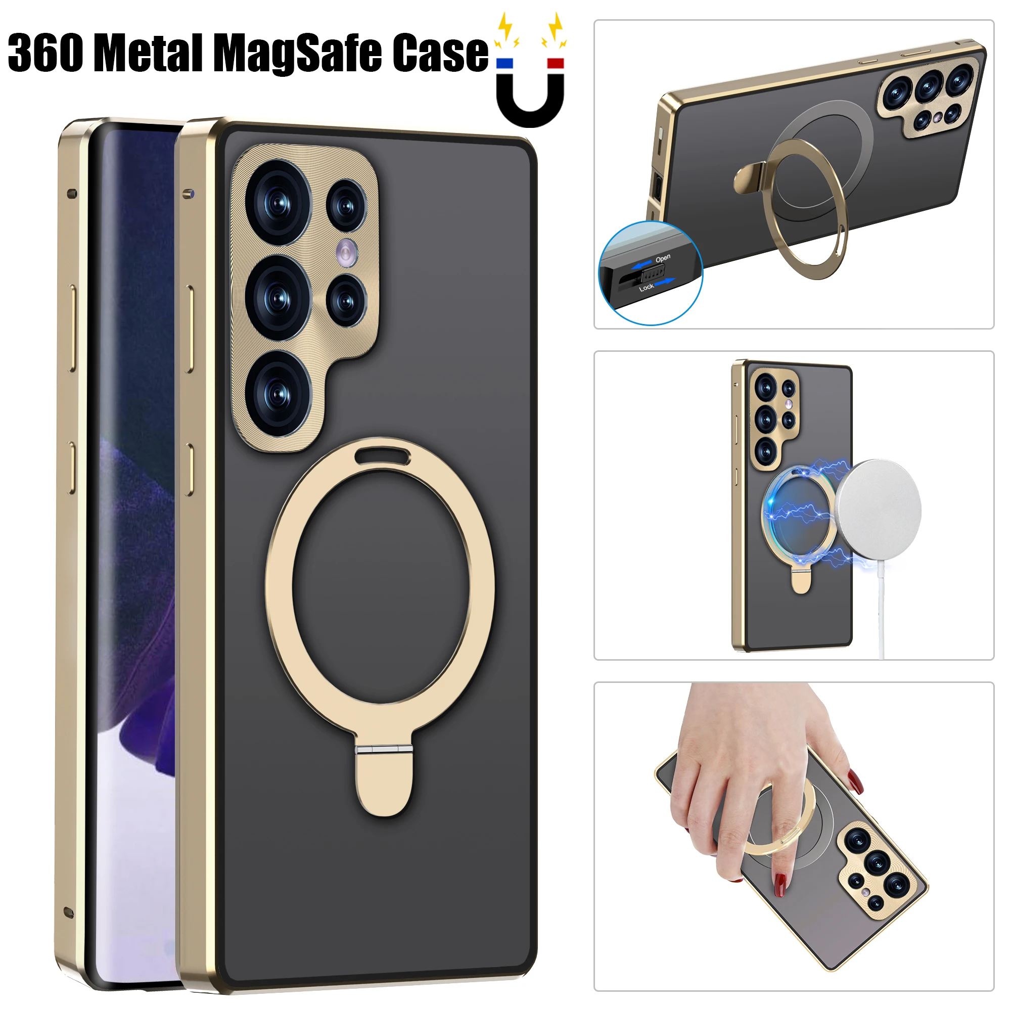 

Metal Car Holder Case For Samsung Galaxy S23 S22 Ultra 360 Full Screen Camera Protection Rotate Kickstand Charging Magsafe Cases