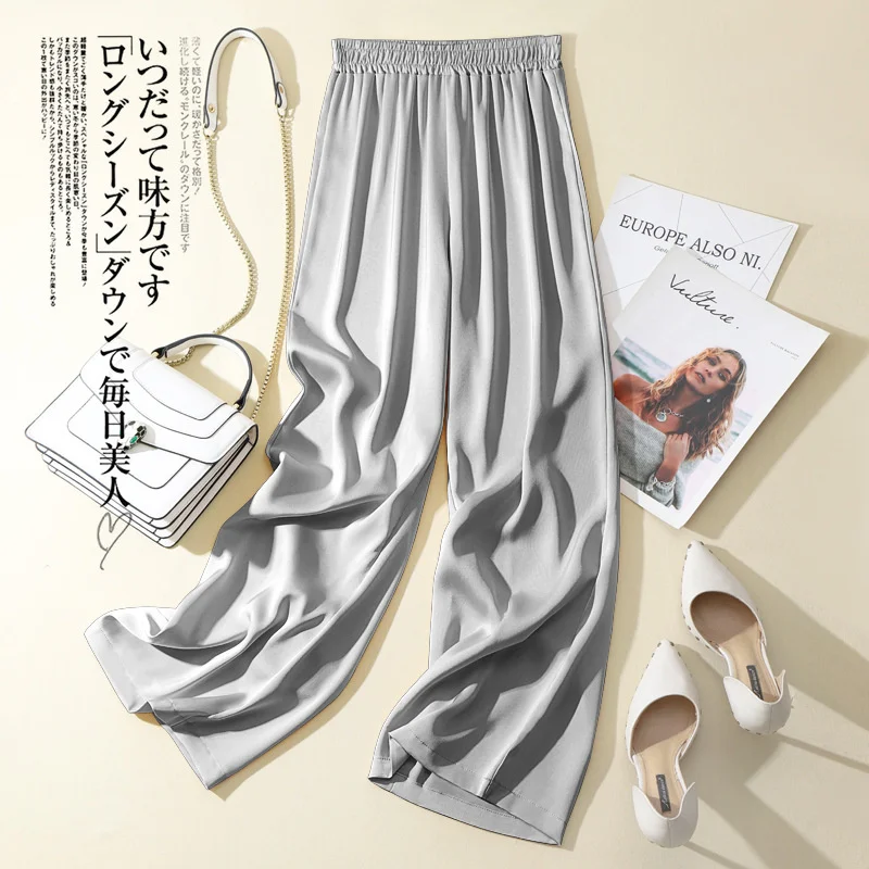 Women Satin Silky Straight Wide Leg Pants Summer Elastic High Waist Loose Green soft comfortable Casual Pant Office Lady Trouser