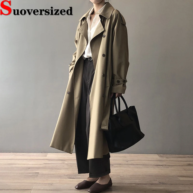 

Khaki Classic Long Trench Coat Korean Fashion Belt Windbreaker Loose Women Double Breasted Abrigos Spring Fall Trend Gabardina