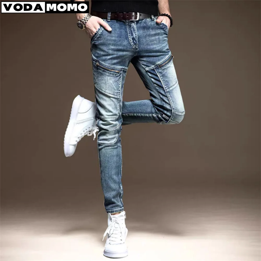 Primavera Estate Blue Splice Moto Zipper Jeans Uomo Retro Slim Fit Denim Pantaloni Jeans Uomo Cargo Jeans Pantaloni Uomo