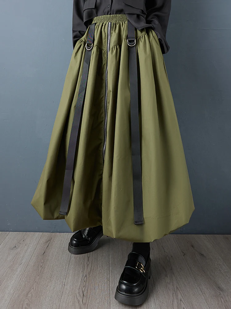 Black Vintage Zipper Pleated High Waist Skirt Women New Plus Size Fashion Loose Casual Long Skirts Clothes Sping Autumn 2025