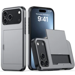 Solid Color Card Holder Slide Slot Hard PC Heavy Duty Protective Phone Case - iPhone 12 Mini (GRAY)