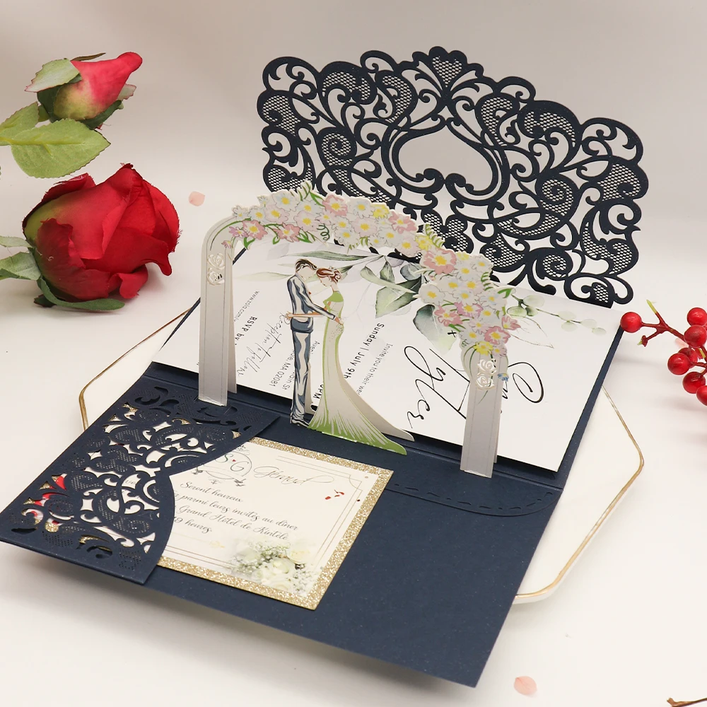 10 pieces 3D Pop Up Pearl White Wedding Invitation High-end Tri-fold Pocket Heart Bride and Groom Greeting Invite Card IC167