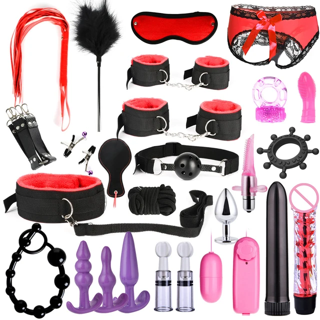 Sextoy Bdsm Kit Set Vibrator Handschellen Hals Sex Spielzeug Erwachsene Paar Peitsche Anal Buttplug für Frauen Männer Intime Sexuelle Spiel Bondage 1