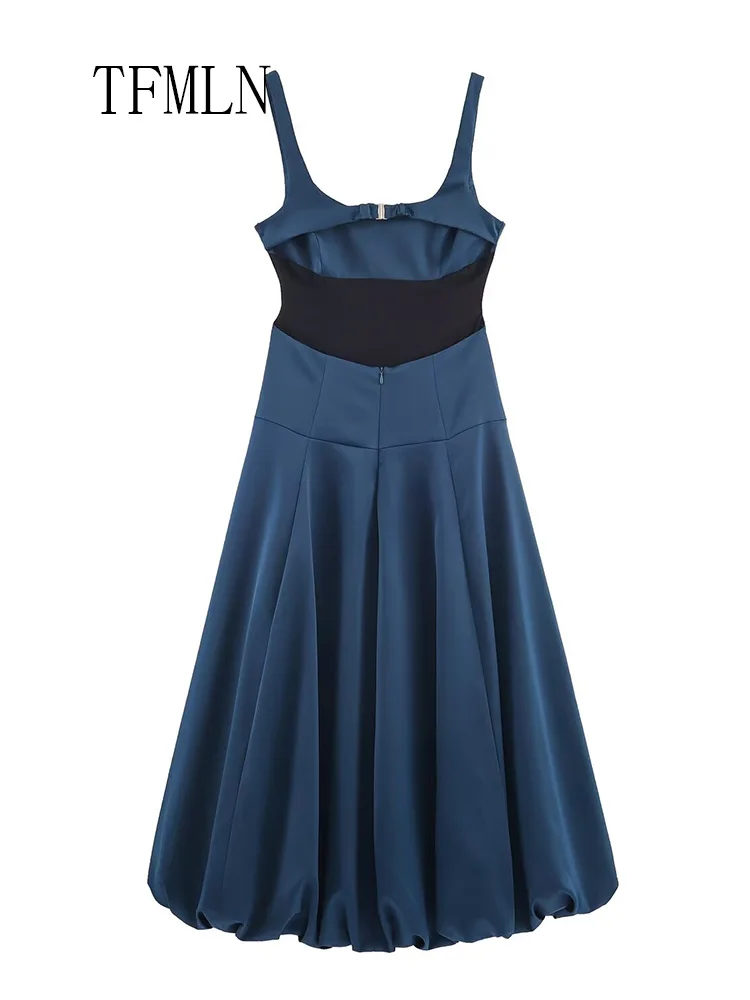 Elegant 2026 Spring Summer Women Balloon Shaped Midi Dress Sexy Sleeveless Square Collar A-line Backless Chic Party Long Dress