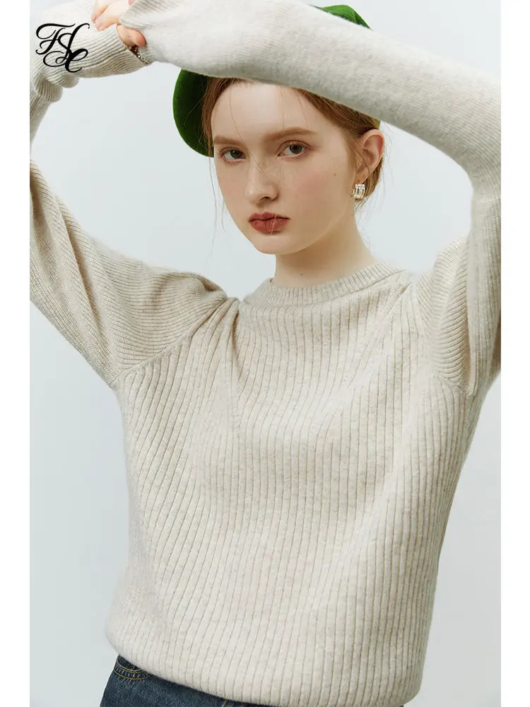 

FSLE 59.2% Wool Women Round Neck French Retro Court Style Knitted Sweater Winter Lamb Leg Sleeve Solid Temperament Sweaters