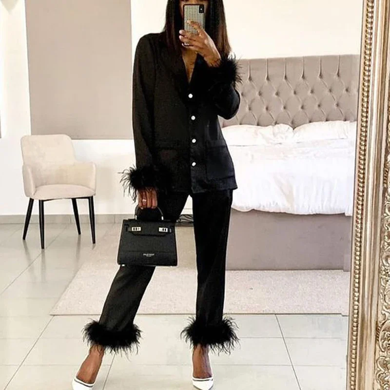 Women Pajamas Set Two-piece Chic Feather Detail Casual Long-sleeved Button Homewear Top Slim Pants
