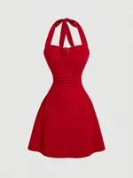 Red Bow Halter Dress Female New Autumn Spice Girl Pleated Fashion Waist Show Thin Short Skirt Trend 1