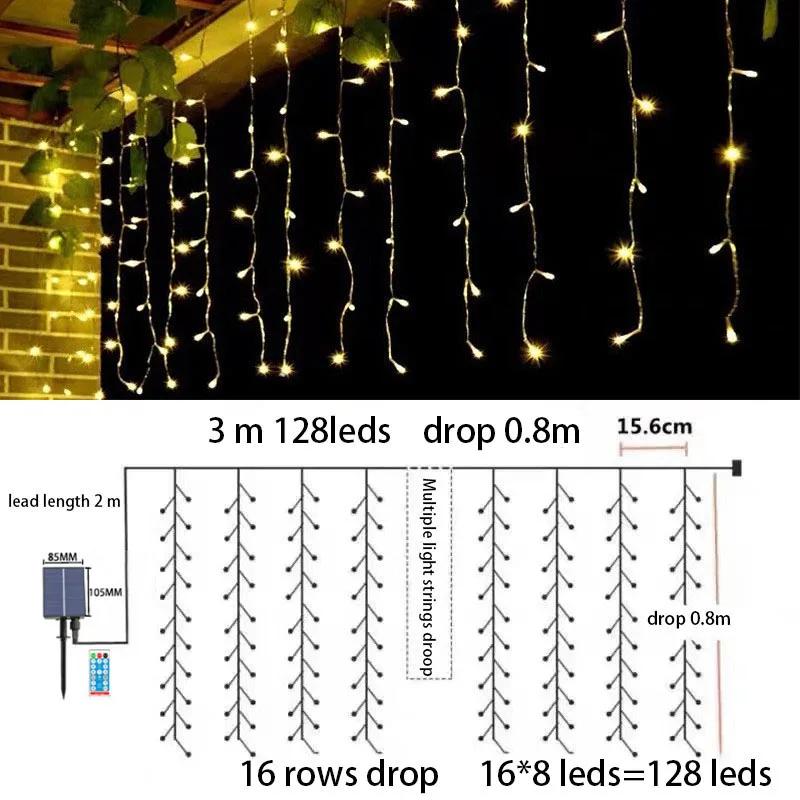 thumbnail image 1 of Guirnalda de luces LED solares con forma de carámbano, cortina de luces navideñas con USB, guirnalda de luces de hadas para bodas, fiestas, decoración de calles y patios, 5/6 m, 1 of 5
