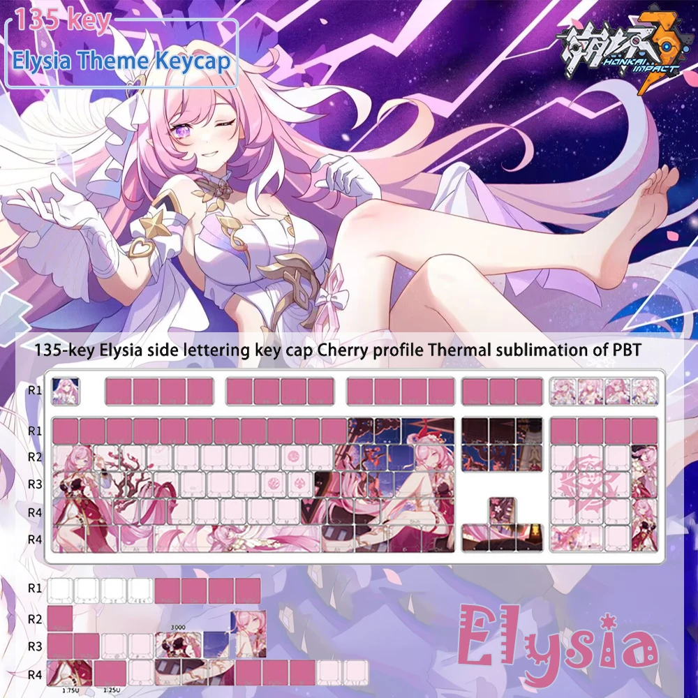 Anime Gaming Elysia Keycaps Grupo Pbt Dye Subbed Cereja Perfil Keycap para Honkai Impact Keychron Game Player 135 Chaves
