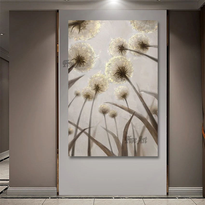 

High Quality Dandelion Handmade Beautiful Flower Painting Custom Artwork Hotel Decoration Wall Art Modern Picture Frameless