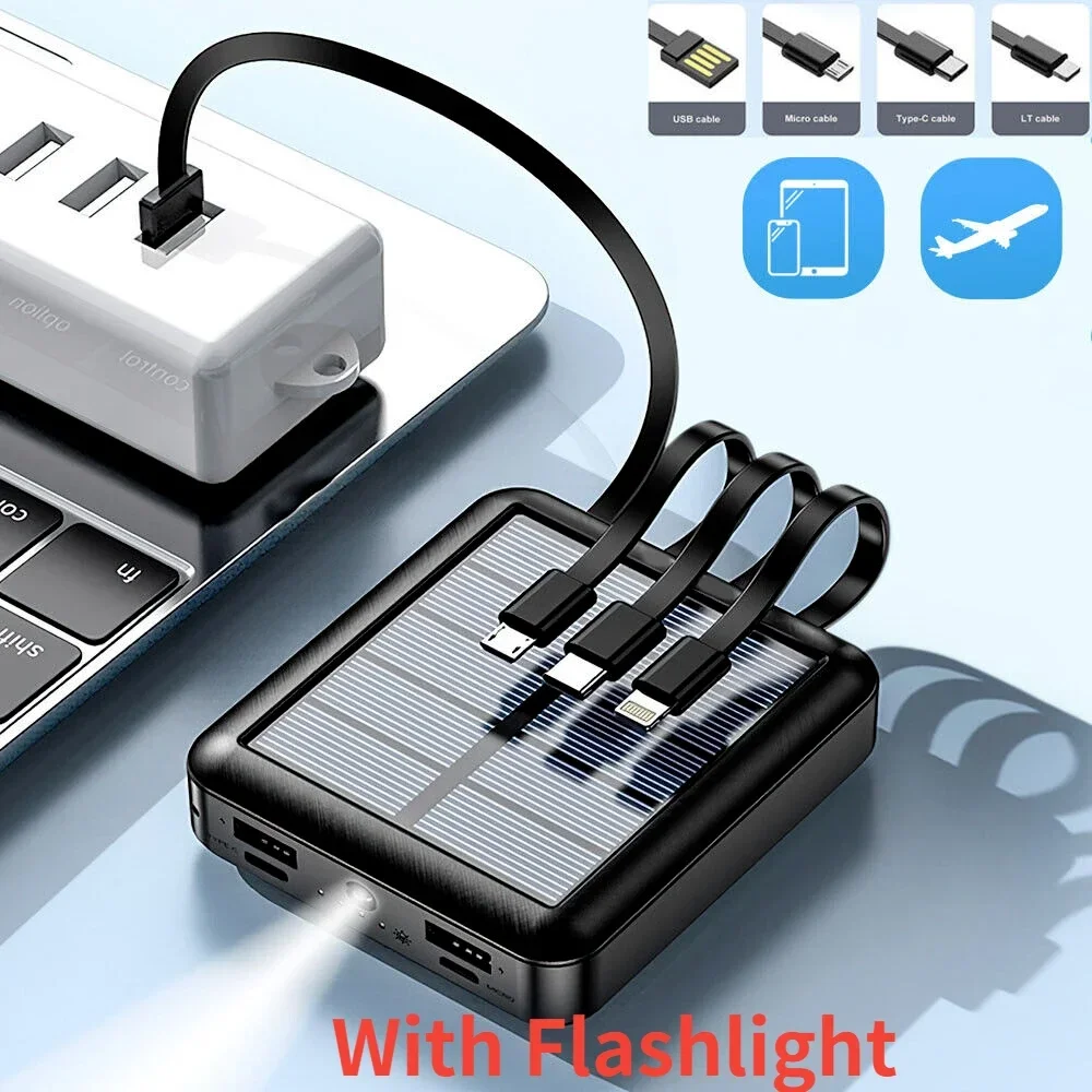 New Portable Solar Power Bank with Cables 50000mAh External Battery Charger Cases Fast Charging for iPhone Series Samsung Xiaomi 2