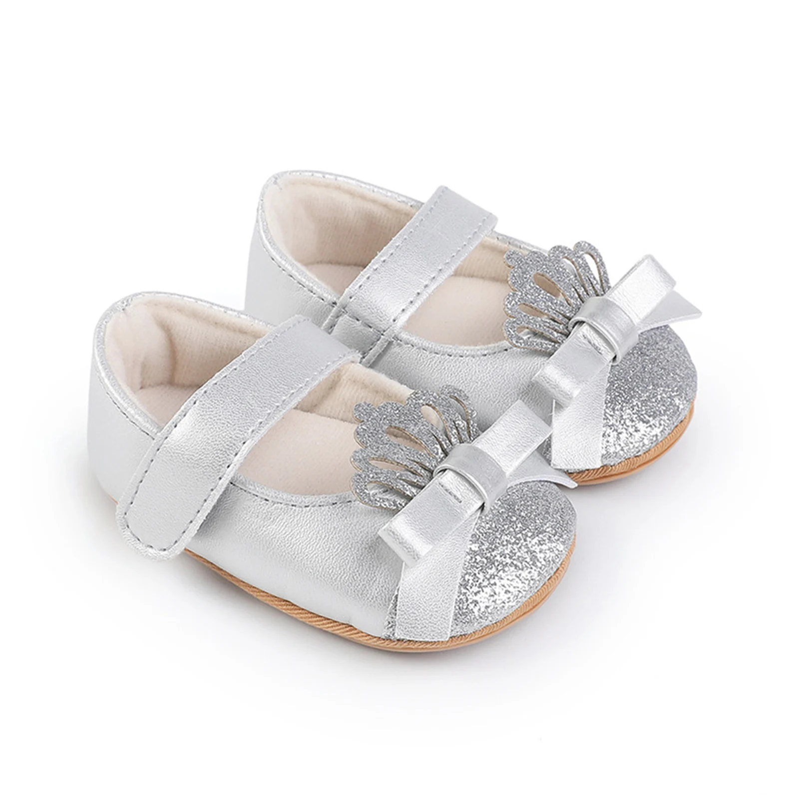 MISOWMNJOY Sequin Baby Girls Shoes Princess Newborn Mary Jane Flats Glitter Crown Bow Dress Shoes Non-Slip Newborn Crib Shoes 4