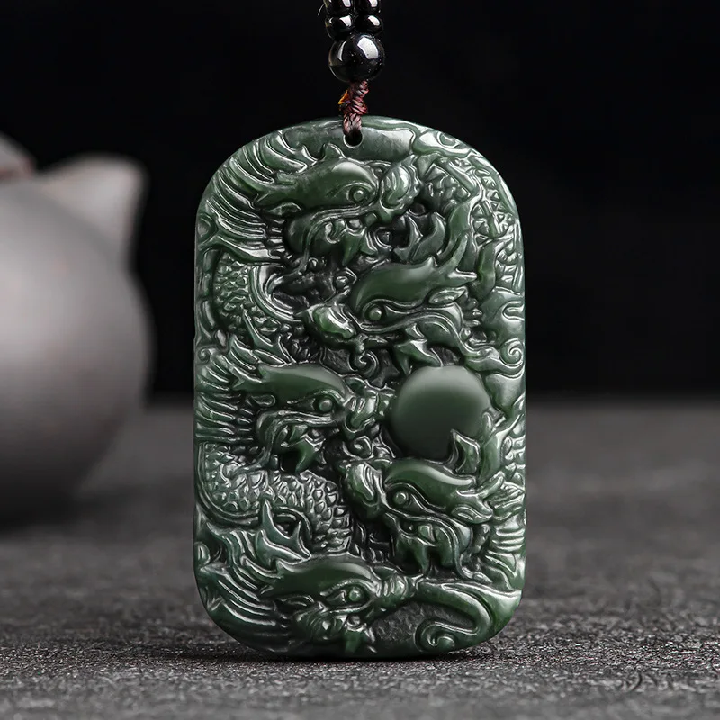 

Jiale/Hand-Carved/Natural Hetian Cyan Jade Kowloon Blessing Jade Pendant Men Women Party Fine Jewelry Necklace Accessories Gifts