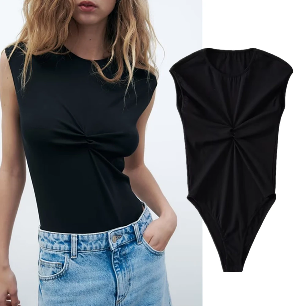 

Jenny&Dave Fashion Sexy Slim Top Ladies British High Street Blogger Pleated Black Bodysuit Women