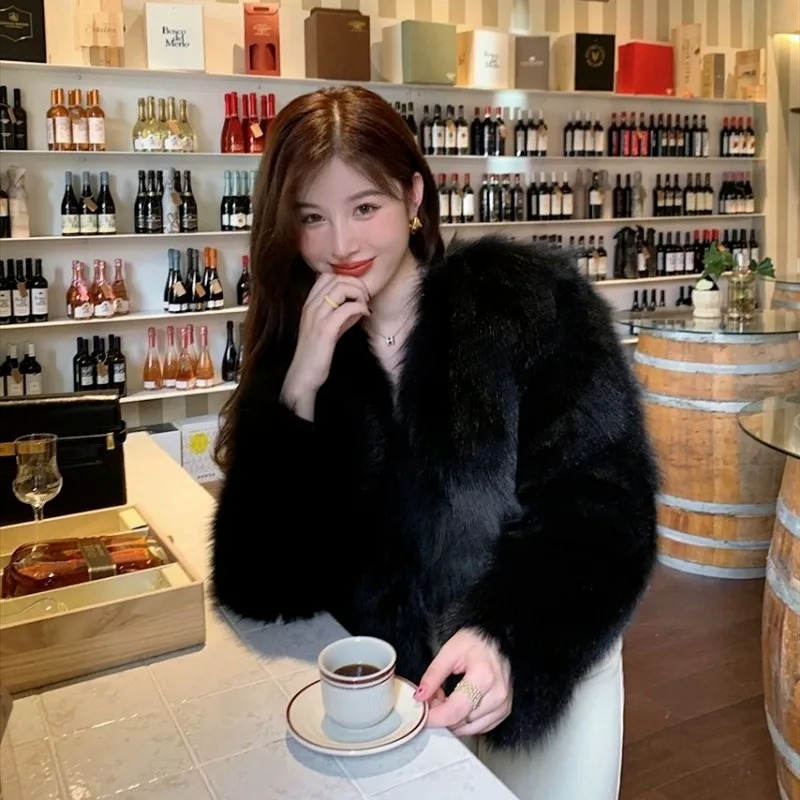 Faux Fox Fur Coat Women Winter Fluffy Jacket Warm Crop Top Korean Chic Long Sleeve Jacket Party Club Fur Coats New