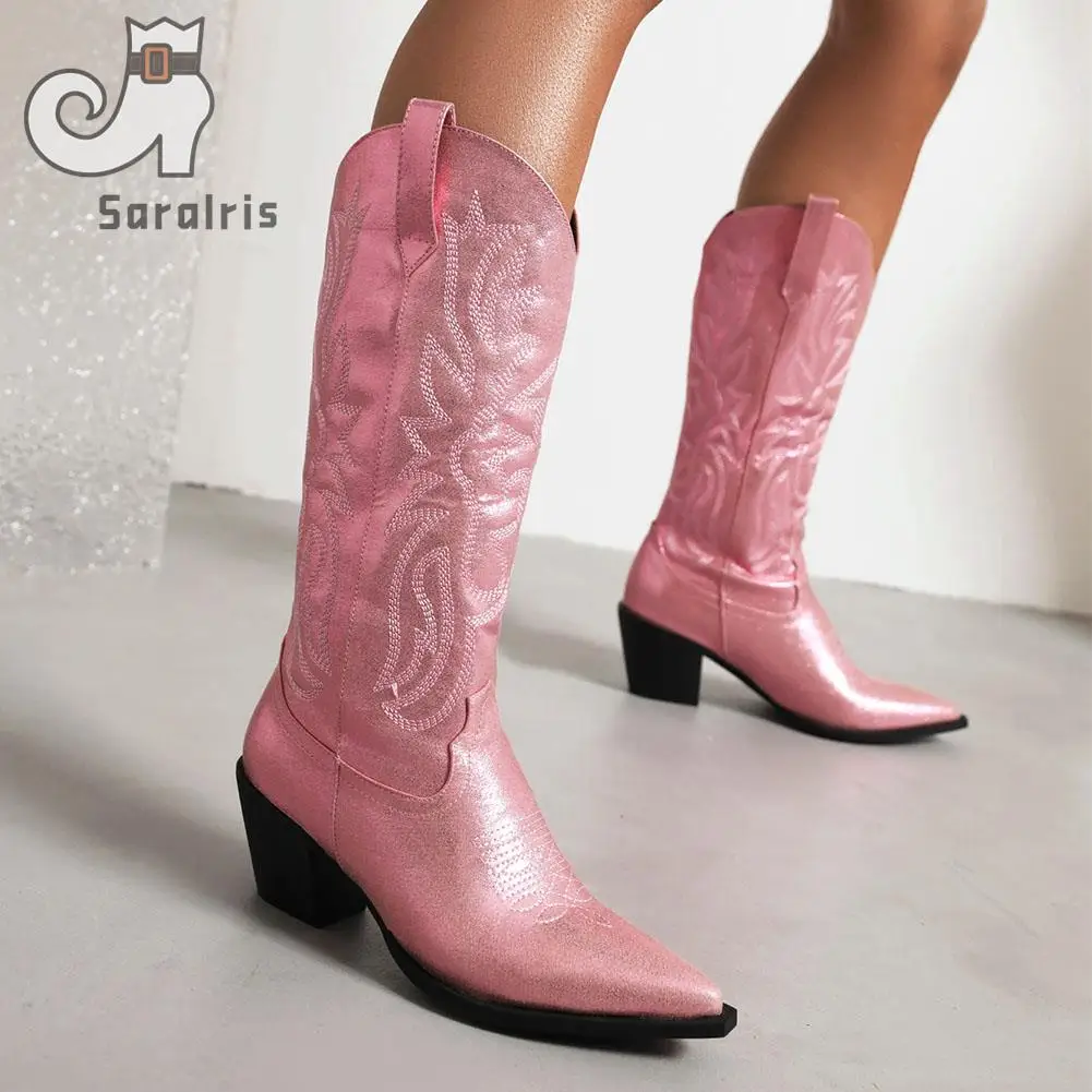 

Western Boots 2023 New Fashion Pointed Toe Mid Calf Boots Spring Autumn High Quality Boots Comfort Walking Lady Embroidery Boots