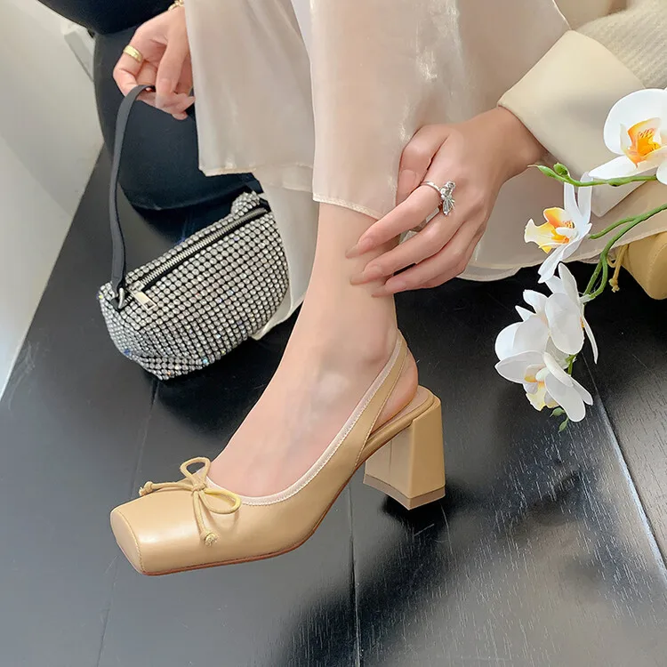 

Новинка Весна 2023, балетки, босоножки на толстом каблуке с квадратным носком, корейское издание, балетки с открытой спиной, туфли с бантом, женские туфли