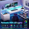 L Shaped Desk with File Drawers, 64" Home Office Desk with Power Outlet & LED Lights, 4