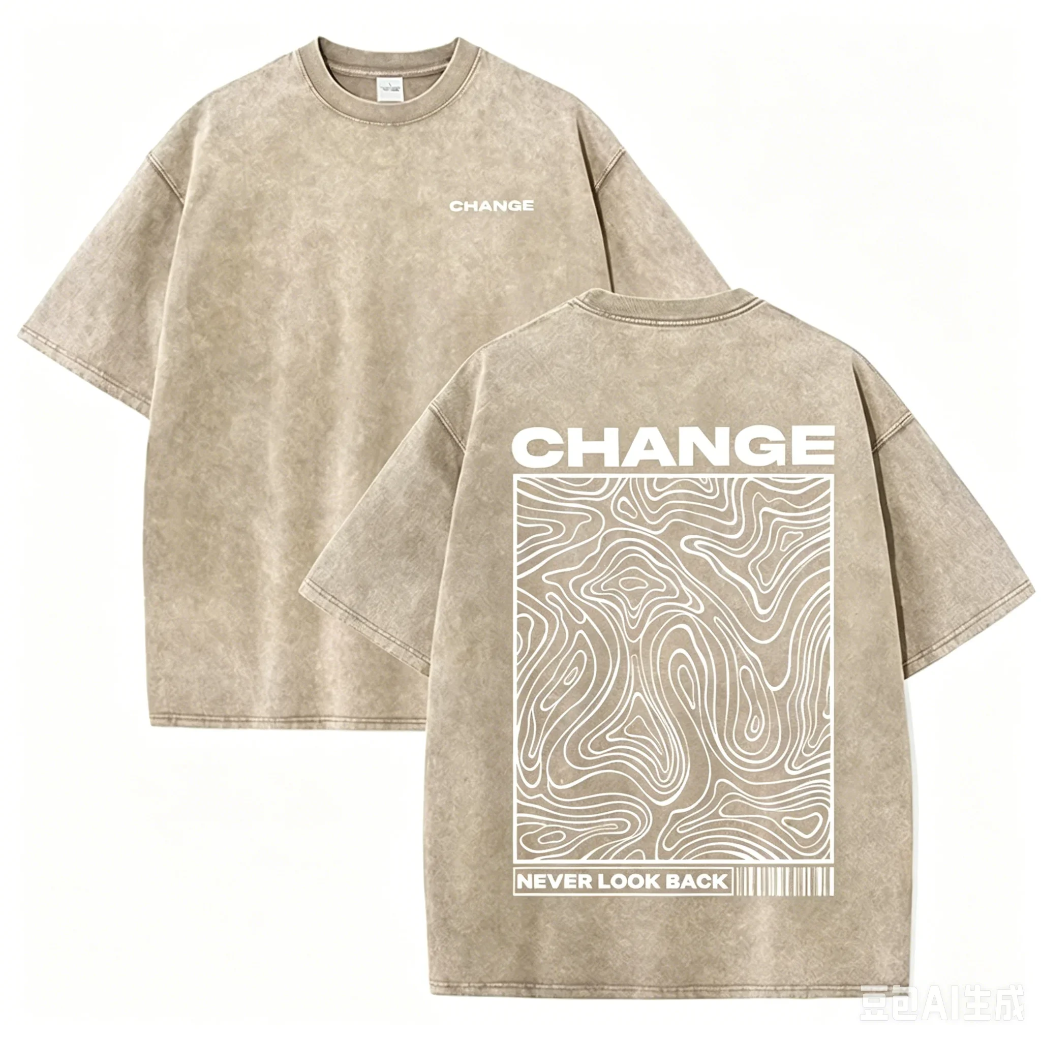 "CHANGE" Topografischer Linienkunstdruck im Vintage-Stil, gewaschenes beige, lässiges Grafik-T-Shirt