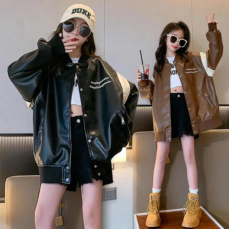 

Girls' Korean version patchwork baseball jacket leather jacket 2023 autumn/winter loose and slim temperament jacket top trend