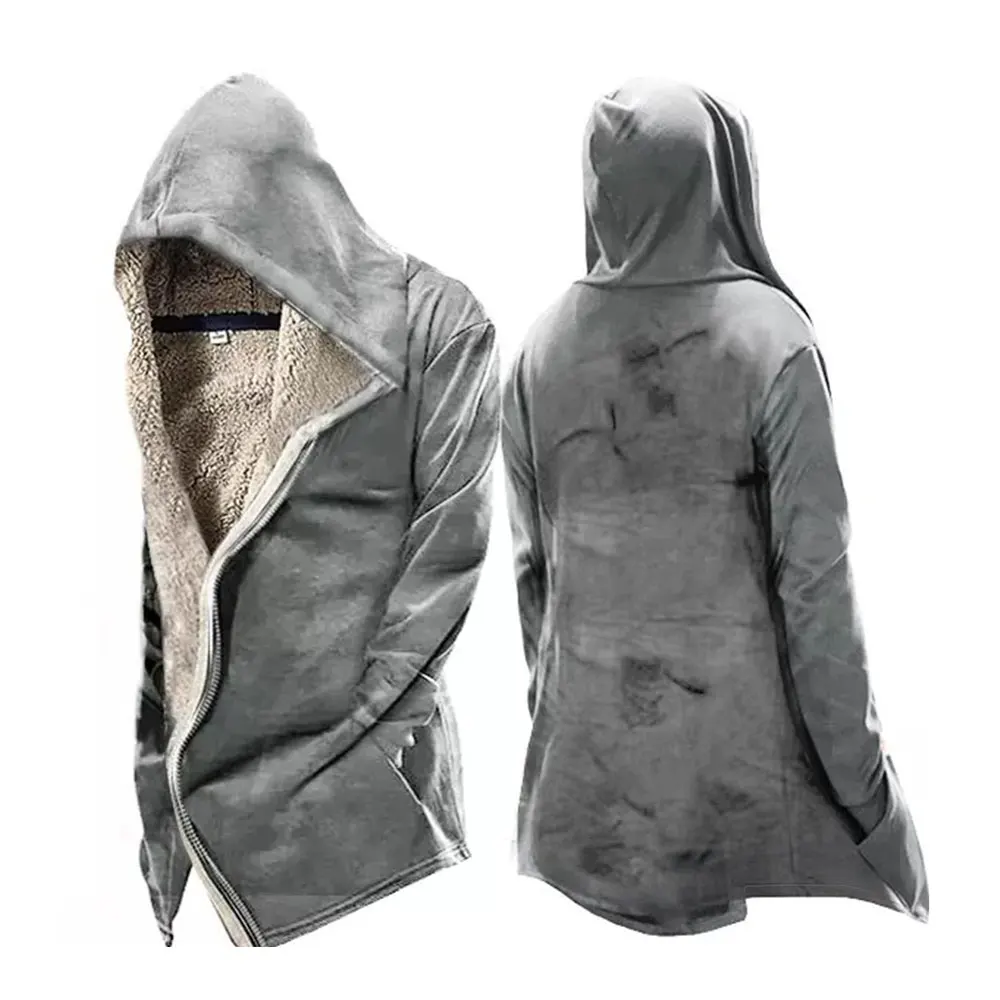 Mens Vintage Solid Tactical Lace-Up Hooded Fleece Jacket Winter Pockets Streetwear Outwear Thicken Winter Jacket Men Y2k