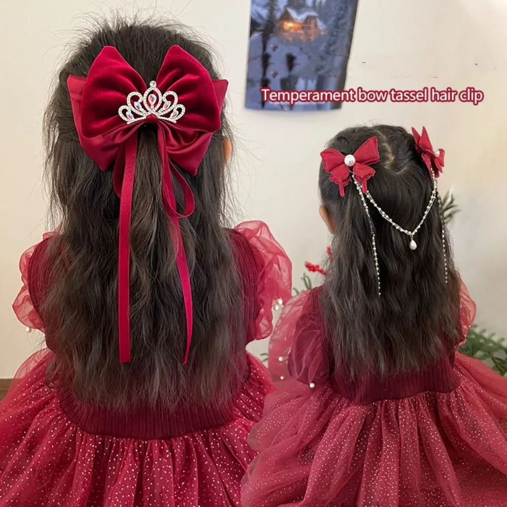 

Plush Children Red Velvet Bow Hairpin Pearl Crystal Crown Chinese New Year Headwear Cloth Tassel Bowknot