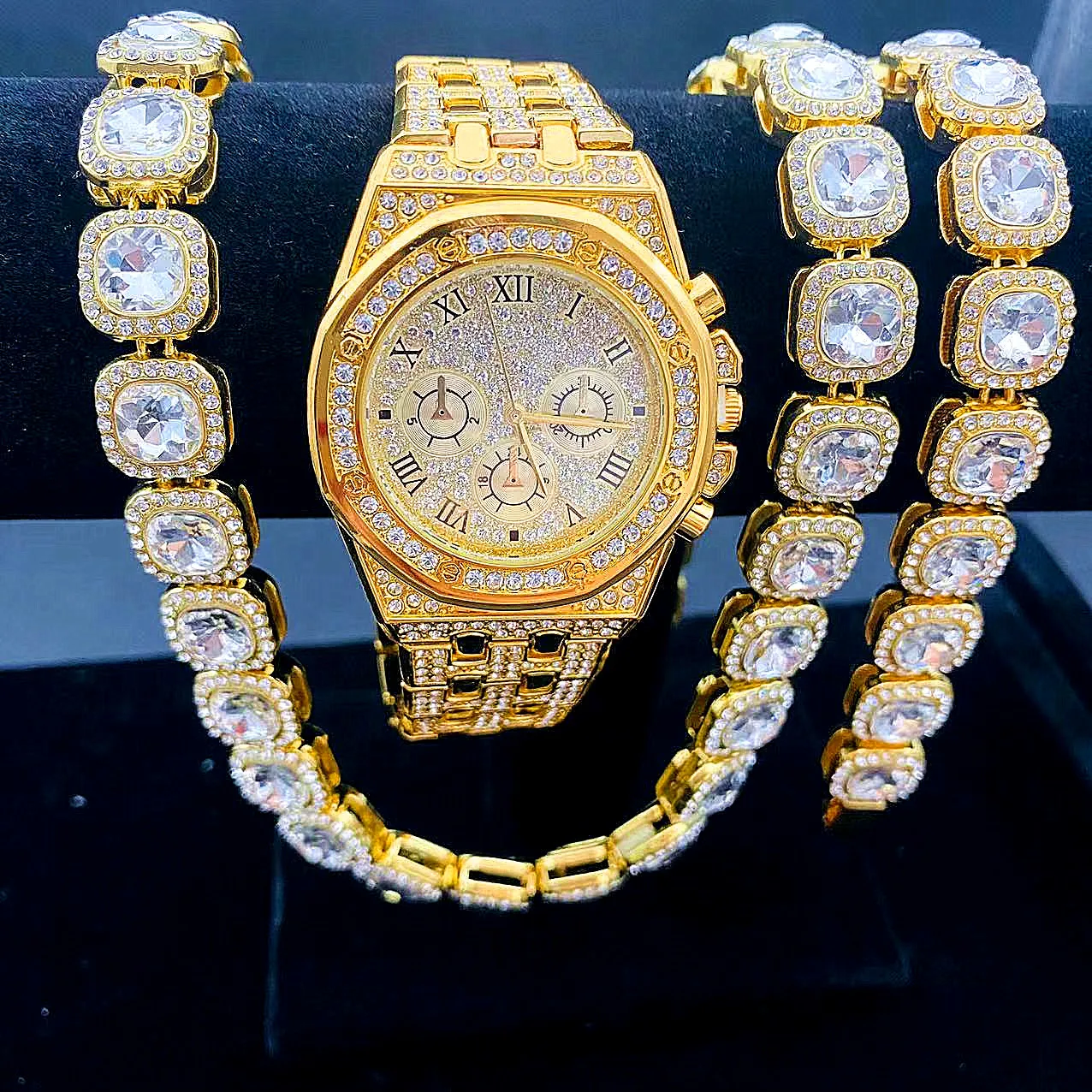 

Top Brand 12mm Necklace +Watch+Bracelet Tennis Hip Hop Miami Curb Cuban Chain Iced Out Paved Rhinestones Women Men's Jewelry Set