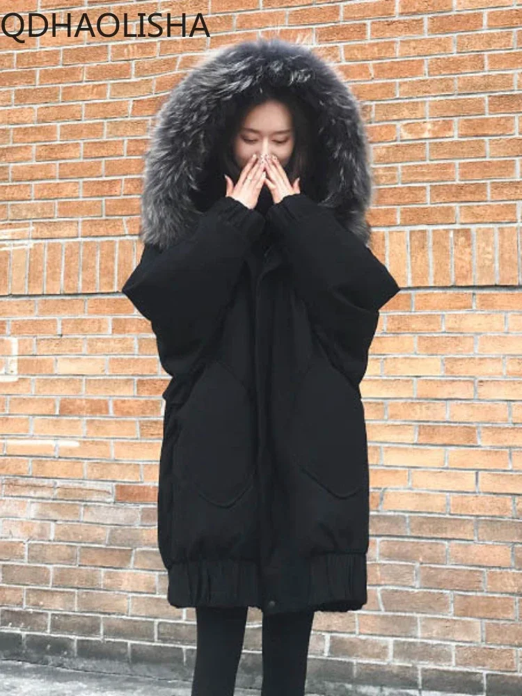 

Зимняя женская парка с большим меховым воротником, свободная пуховая хлопковая куртка с капюшоном, корейская мода, плотная теплая Женская одежда, верхняя одежда с длинной подкладкой