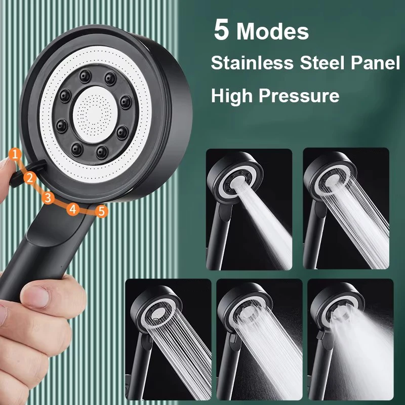 Sleek Black and Silver High-Pressure Shower Head with 5 Water-Saving Modes - Luxurious Spa Experience Handheld Shower Accessory