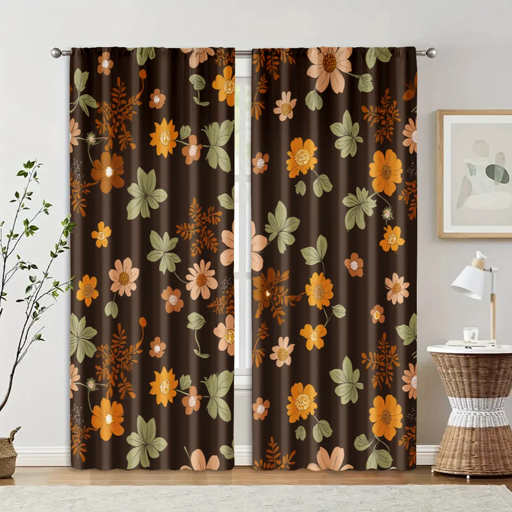 2pcs, Window Curtain Boho Leaf & Black Flower Peel 100% Polyester (without rod) Decorations For Home Use for Living Room, 2