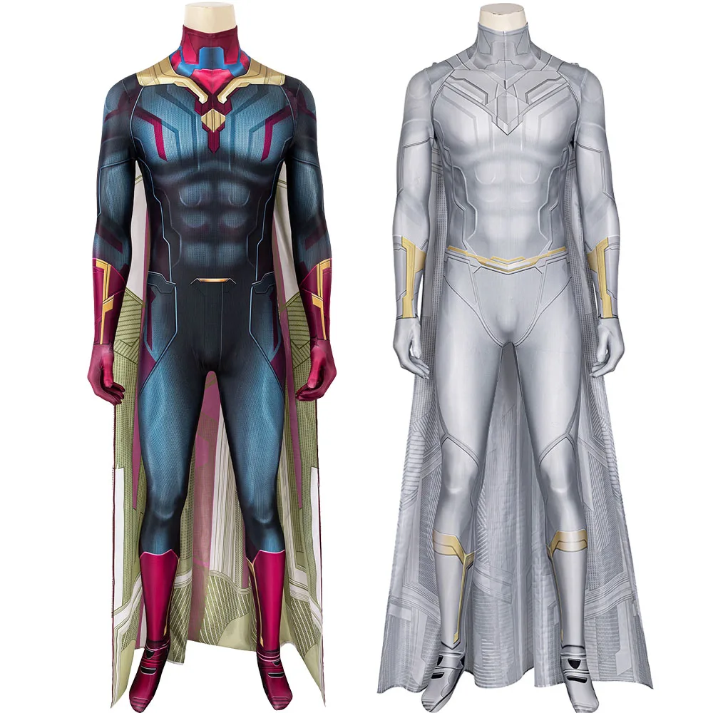 

Infinity War Vision Cosplay Costume Halloween Carnival Superhero 3D Printing White Jumpsuit With Cloak