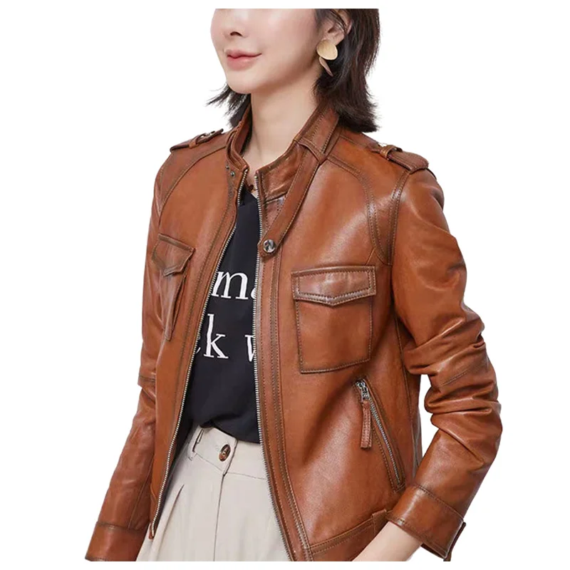 

Brown Leather Jacket Spring Autumn Women's Short Motorcycle Sheepskin Lady Leisure Vegetable Tanned Outerwear