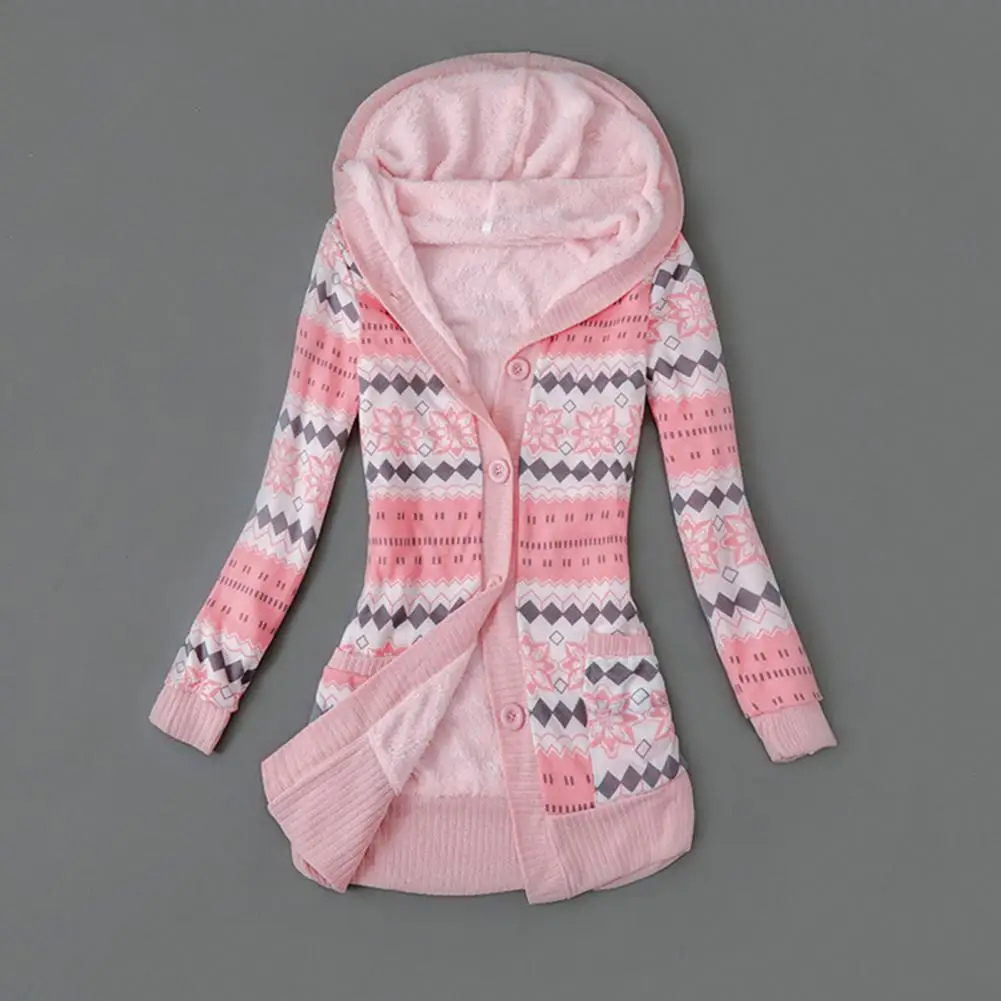 Fashion Women Cardigan  Hooded Skin-friendly Sweater Cardigan  Buttons Closure Hooded Plush Lining Sweater Cardigan - 2