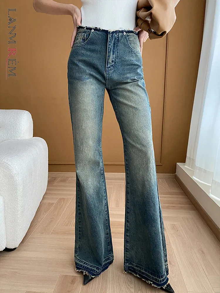 

[LANMREM] Designer Tassle Jeans For Women Washed High Waist Loose Denim Pants Streetwear Trouses 2024 Spring New 26D8590