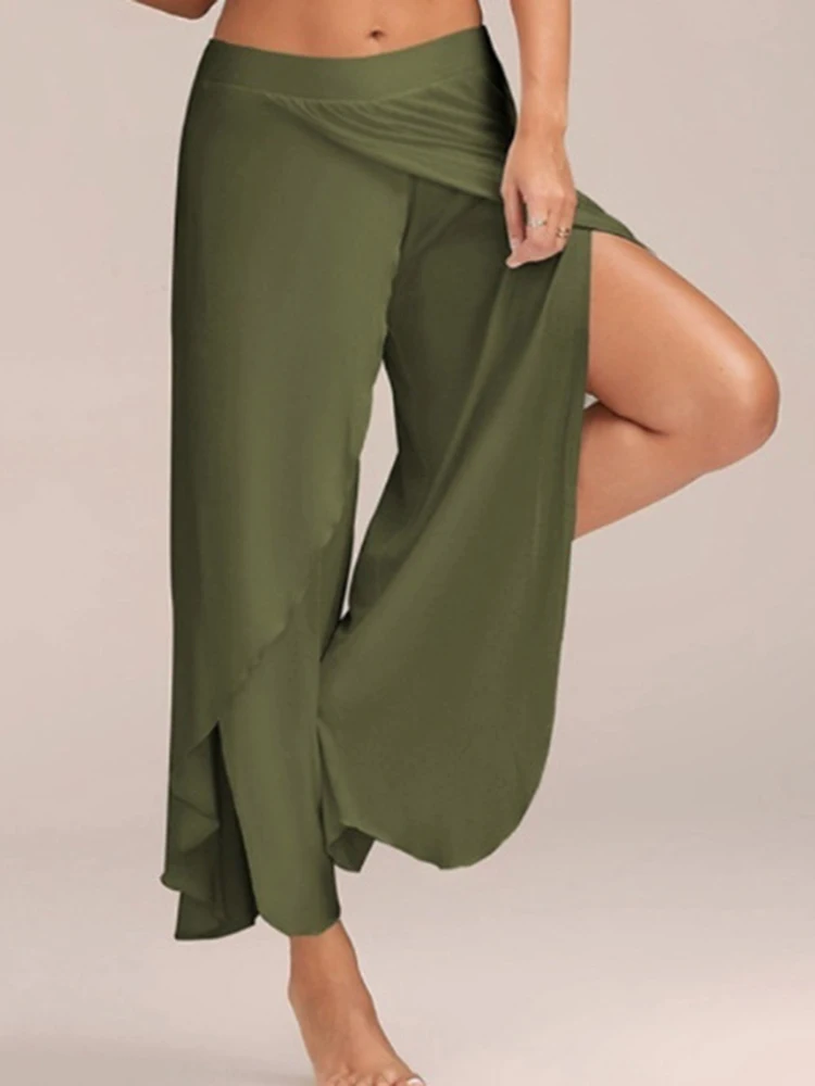Wide Leg Pants Chiffon High-Waisted Casual Trousers New Split Elastic Female Solid Color Street Lady Dropshipping