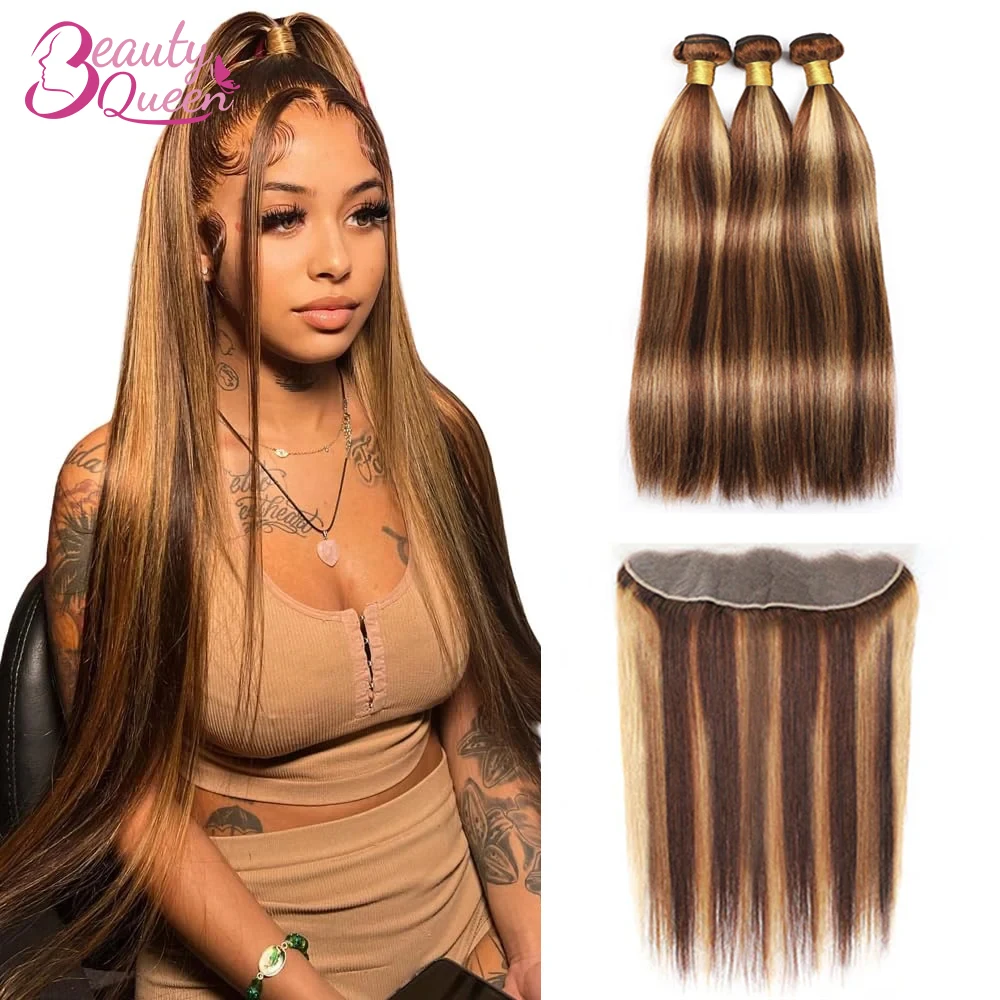 Bundles With Closure P4/27 Straight Bundles With Frontal 100% Human Hair 13x4 Lace Front and Highlight Brazilian Tissage