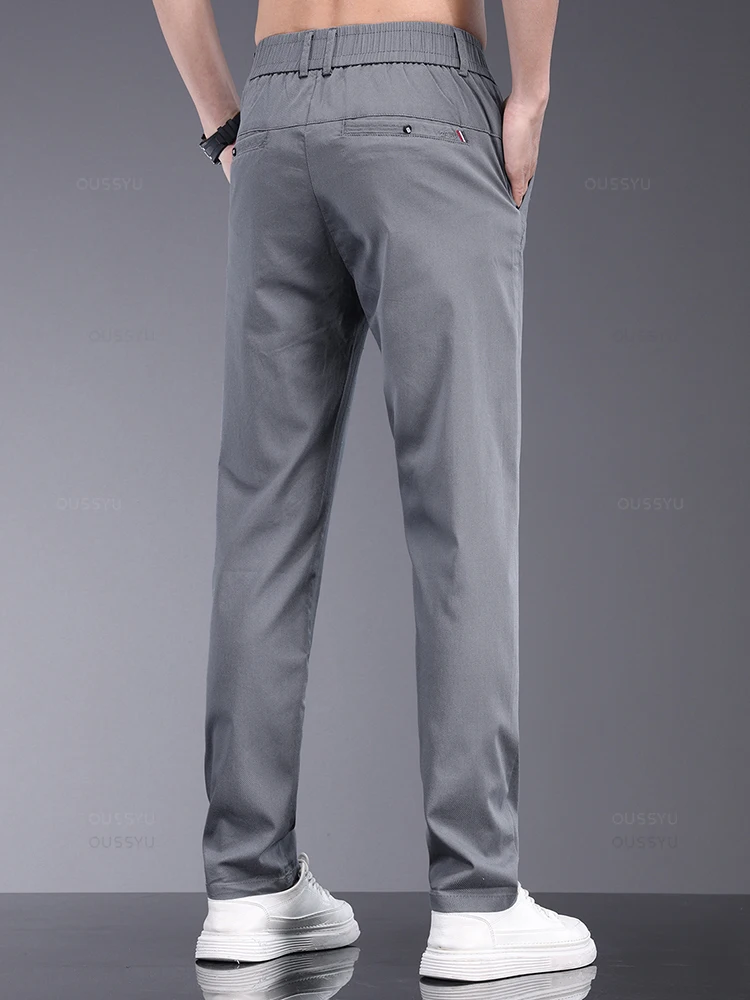 Brand Clothing Summer Soft Stretch Bamboo Fiber Fabric Men's Casual Pants Thin Slim Elastic Waist Business Grey Trousers Male 38