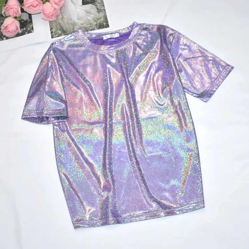 Womens Sparkly Shiny Metallic 홀로그램 라운드 넥 반팔 캐주얼 루즈 탑 축제 파티 티 셔츠 여성 의류