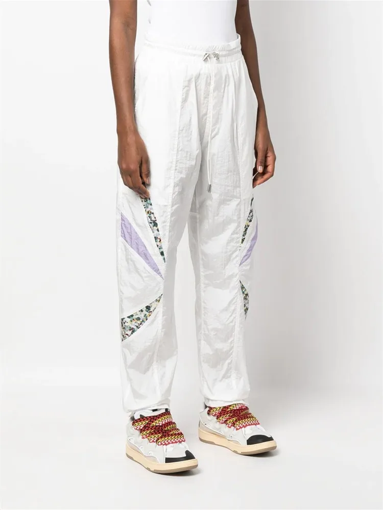 

2023 Spring Women Wind-Proof Sports Pants Color Printing Patchwork Elastic Waist Drawstring Loose Straight Female Long Trousers