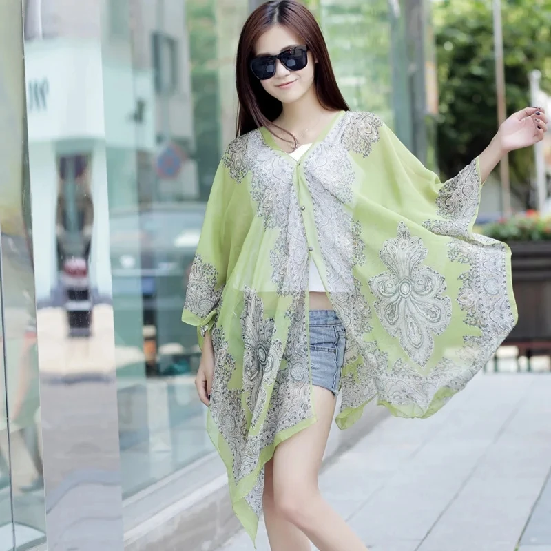 

Fashion Women Ponchos Capes Summer Sunshade Imitation Silk Button Shawl Sunscreen Shawl Gift Silk Scarf Shawl Cloak Green