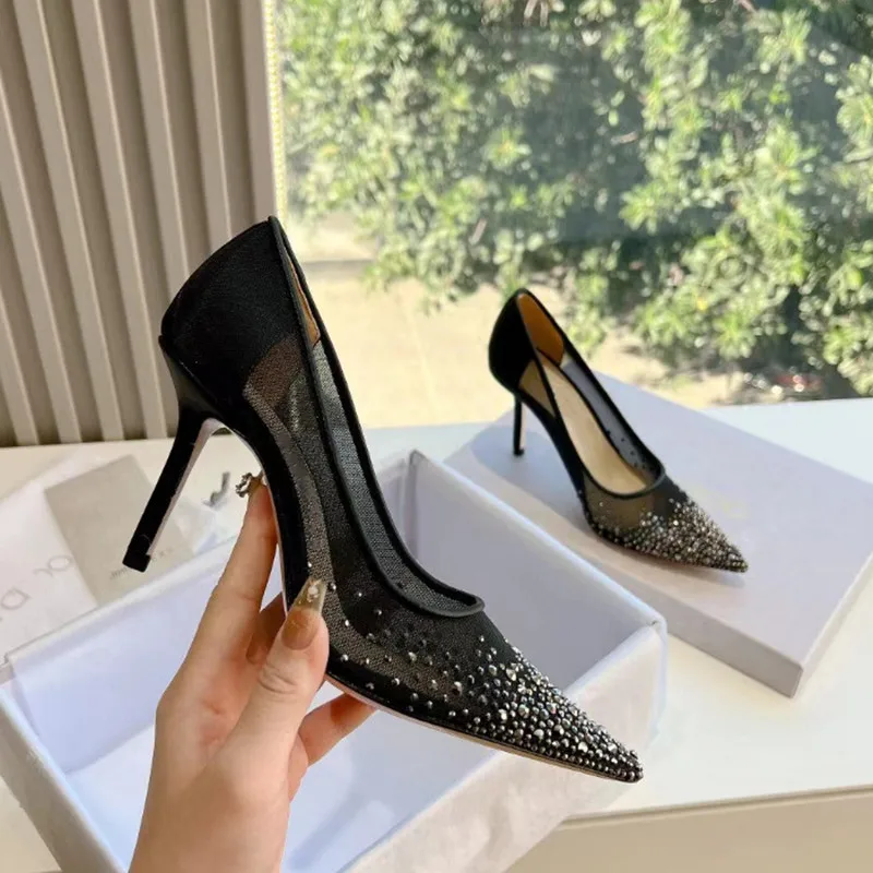 2024 Summer New Brand Fashion Sequined Mesh Women Pumps Elegant Pointed toe Rhinestones Stiletto High heels Wedding Bridal Shoes 5