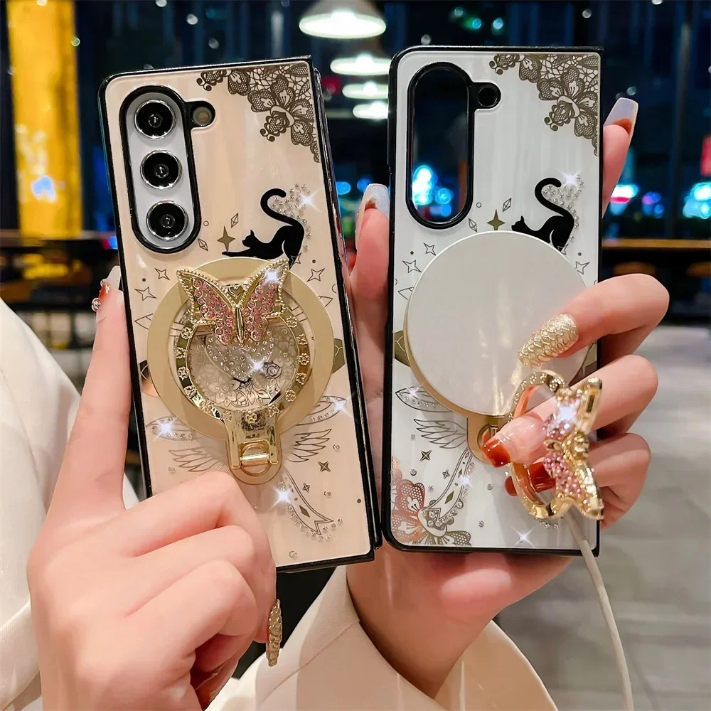 Design Nachtkatze Schmetterling Glitzer Metallring Magsafe Hülle für Galaxy Z Fold 6 5 Z Fold 4 5G Wireless Charging Klapphülle_voghion.com