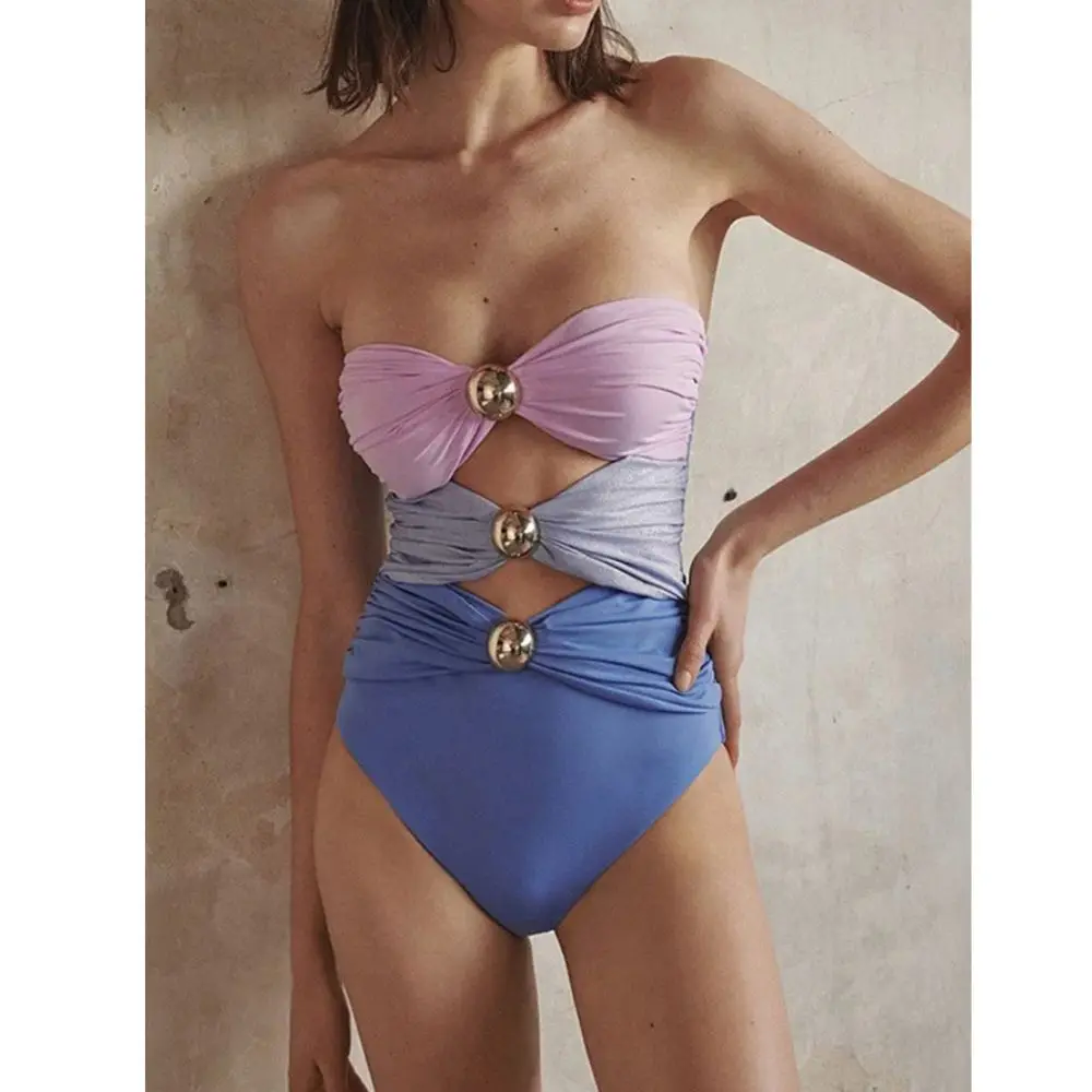 

Color Block Cutout Shiny Bikini Beach One Piece Swimsuit and Sarong Women Summer Vacation Swimwear Fashion Sexy Beachwear 2024