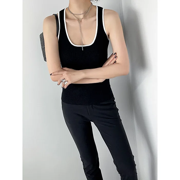 sexy camisole 2022 Spring New Vintage Tide Brand Black And White Color Blocking Slim Fit Rib Knit Tank Vest cotton camisole