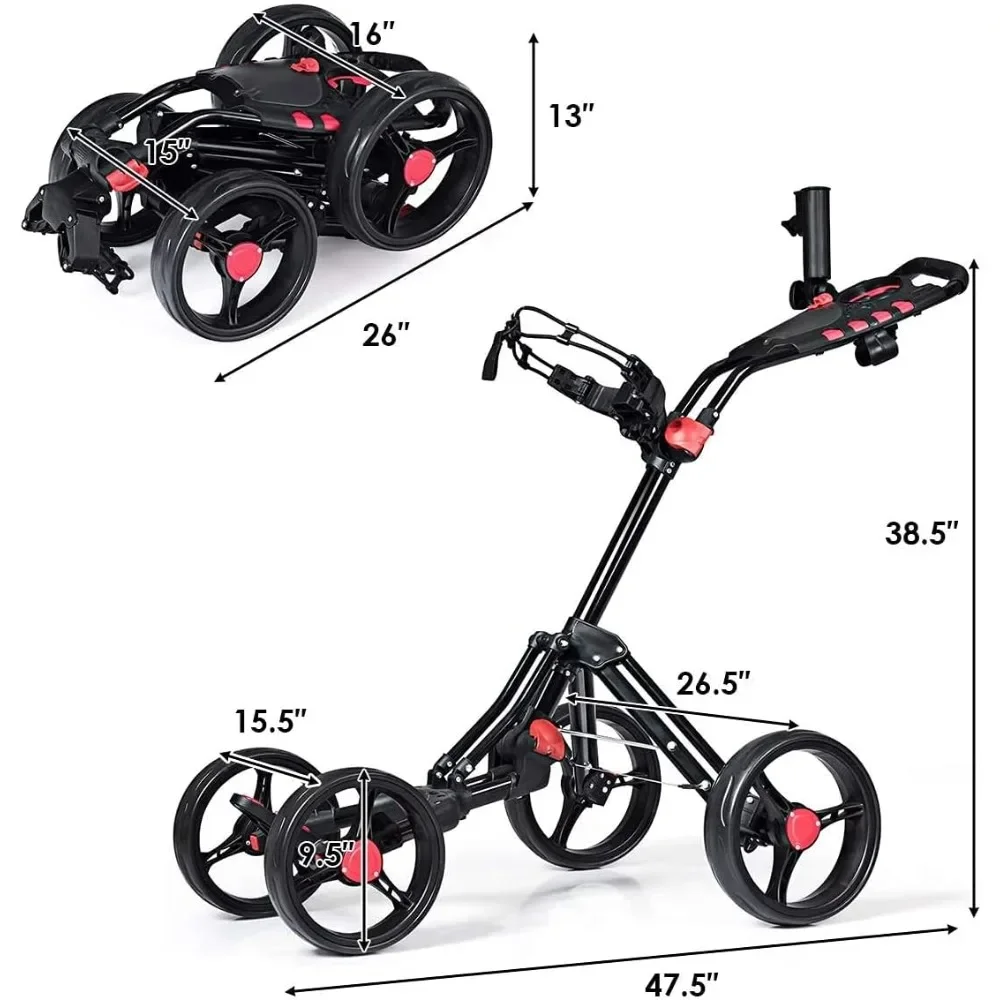 

Golf Push Cart, 4 Wheel Folding Collapsible Golf Trolley w/Cup Umbrella Holder, Scorecard, Push Pull Golf Cart w/Foot Brake