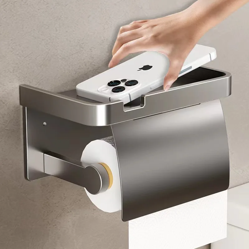 Wall Mounted Toilet Paper Holder with Storage Tray Phone Holder Aluminum Bathroom Paper Towel Holder Bathroom Accessories
