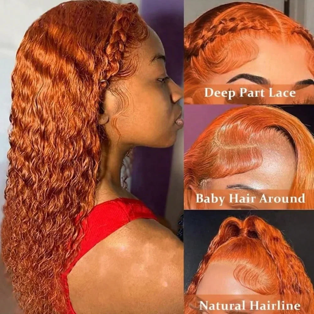 28 Inch Ginger Orange13x4 HD Transparent Lace Frontal Wig for Women 250% Density Curly Lace Front Wigs Human Hair 350#