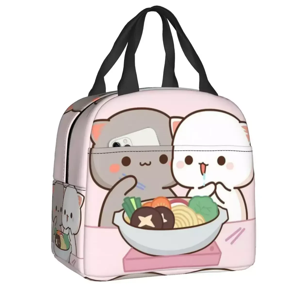 

Peach And Goma Eating Salad Thermal Insulated Lunch Bag Women Portable Lunch Tote Kids School Children Multifunction Food Box
