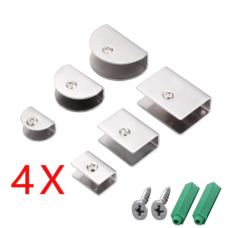 4 Sets Glass Clamps Stainless Steel for 6mm 8mm 10mm 13mm Glass Clips Shelves Support Corner Bracket Adjustable Wall Mounted DIY glass shelf clamp holder glass fasteners stainless steel clips